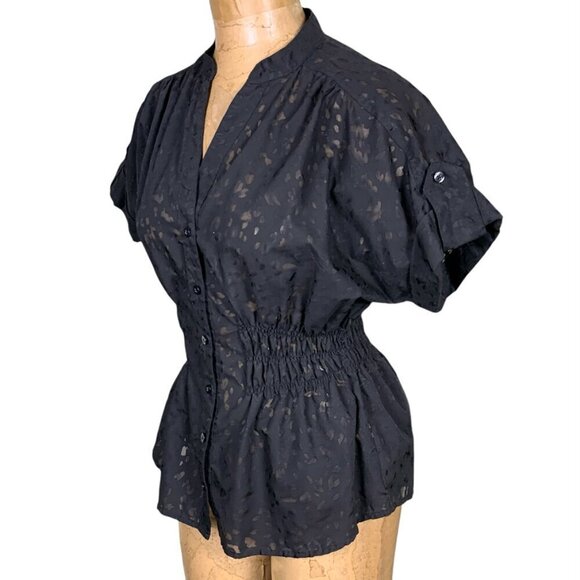 Attention Button Front Short Sleeve Cinch Waist Top Sz S/M Black Semi Sheer 333K - Picture 3 of 11